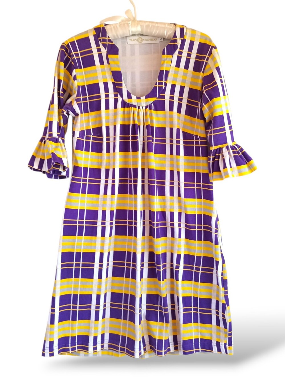 Tracy Negoshian Plaid Bell Sleeve Midi Dress Purple Yellow VnecK Soft Stretchy